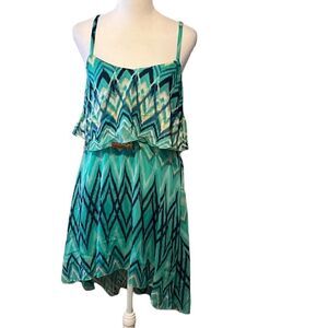 NWT Lily Rose szS blue & green belted elastic waist flowy top high low hem